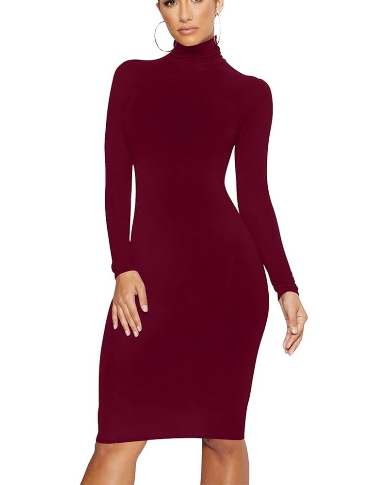 Women's Casual Long Sleeve Bodycon Sexy Turtleneck Midi Club Party Pencil Dresses Wine Red $14.19 Dresses