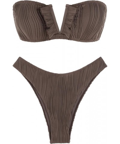 Women V-Wired Ruffle Ribbed Bandeau Bikini, Lace Up Bikinis Strapless Two Pieces Swimsuit 5-deep Coffee $20.99 Swimsuits