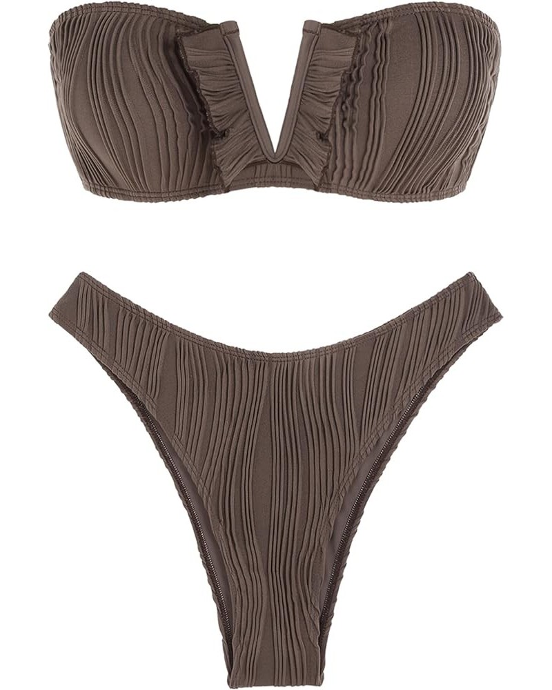 Women V-Wired Ruffle Ribbed Bandeau Bikini, Lace Up Bikinis Strapless Two Pieces Swimsuit 5-deep Coffee $20.99 Swimsuits