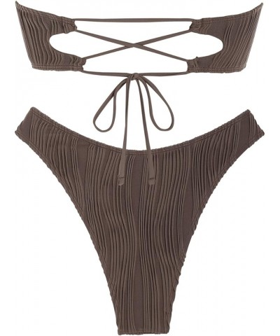 Women V-Wired Ruffle Ribbed Bandeau Bikini, Lace Up Bikinis Strapless Two Pieces Swimsuit 5-deep Coffee $20.99 Swimsuits