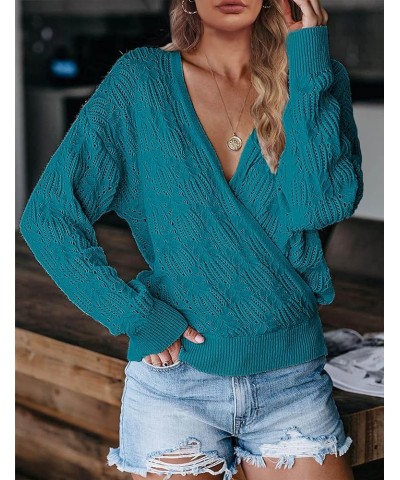 Womens Deep V Neck Wrap Sweaters Long Sleeve Crochet Knit Pullover Tops Teal $18.45 Sweaters