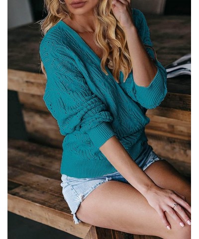 Womens Deep V Neck Wrap Sweaters Long Sleeve Crochet Knit Pullover Tops Teal $18.45 Sweaters