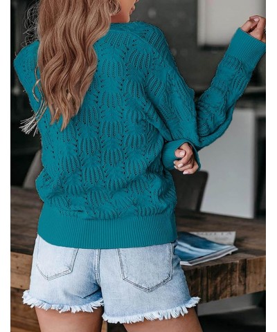 Womens Deep V Neck Wrap Sweaters Long Sleeve Crochet Knit Pullover Tops Teal $18.45 Sweaters