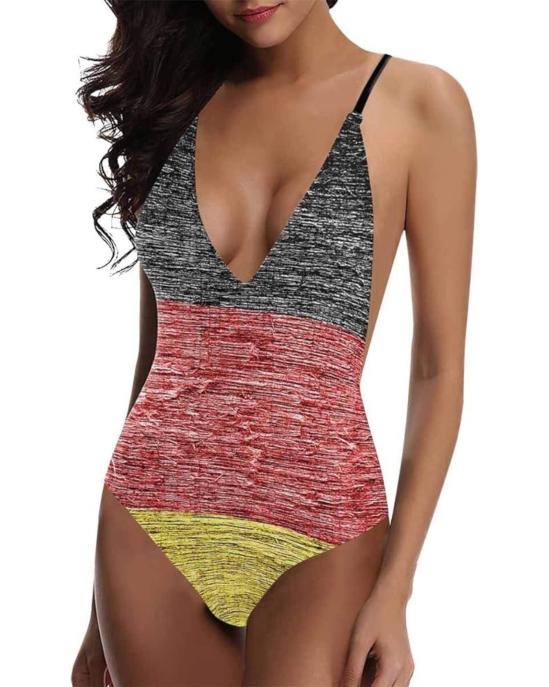 Cool National Flags V-Neck Women Lacing Backless One-Piece Swimsuit Bathing Suit XS-3XL German Flag 02 $10.00 Swimsuits