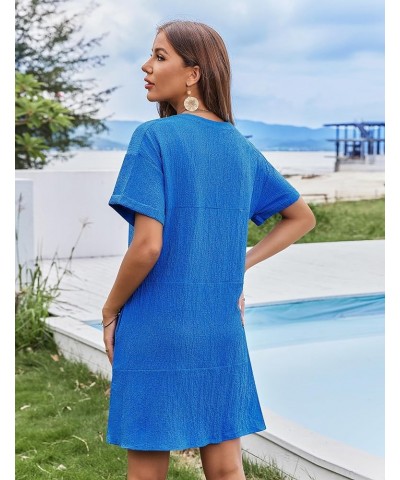 Women's Swimsuit Beach Cover Up Short Sleeve Swimsuit Covers V Neck Bikini Coverup with Pockets Snorkel Blue $14.24 Swimsuits