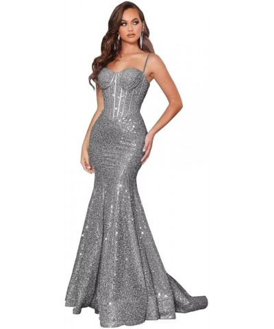 Mermaid Sequin Prom Dress Sparkly Spaghetti Straps Ball Gown Satin Formal Evening Dresses Pleated Grey $35.47 Dresses