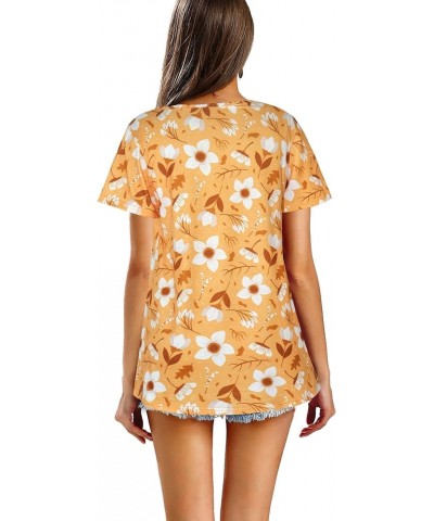 Women's Summer Tops Short Sleeve Round Neck Floral Print Shirt Tunic Blouse K9-orange Print $13.99 Blouses