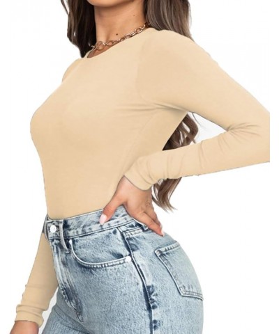 Womens Long Sleeve Bodysuit Tops Round Neck T Shirt Sexy Jumpsuits Nude $11.54 Bodysuits