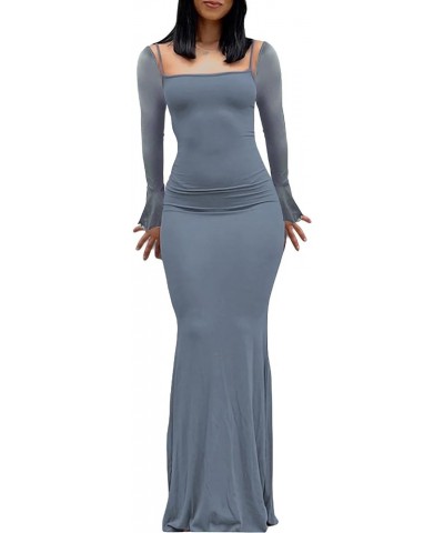 Women Flared Sleeve Off Shoulder Dress Long Sleeve Backless Long Dress Sexy Bodycon Midi Maxi Dresses N-blue $14.00 Dresses