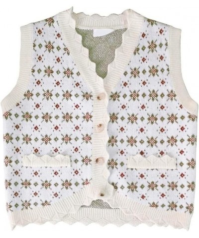 Women Jacquard Vintage Cottagecore Vest V-neck Cardigan Button Front Knitted Oversize 90s Waistcoat Sweater Knitweat Top Whit...