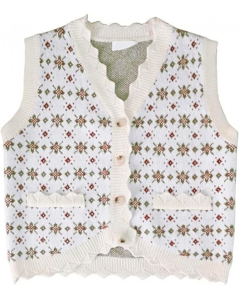 Women Jacquard Vintage Cottagecore Vest V-neck Cardigan Button Front Knitted Oversize 90s Waistcoat Sweater Knitweat Top Whit...