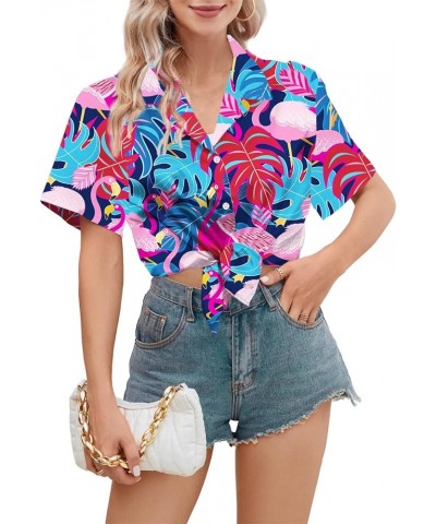 Girls & Womens Hawaiian Shirts Short Sleeve Summer Button Down Tropical Shirts, 2 Years - 2XL WOMEN Flamingo Blue $9.54 Blouses