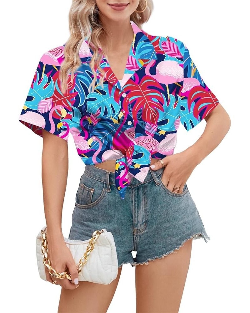 Girls & Womens Hawaiian Shirts Short Sleeve Summer Button Down Tropical Shirts, 2 Years - 2XL WOMEN Flamingo Blue $9.54 Blouses