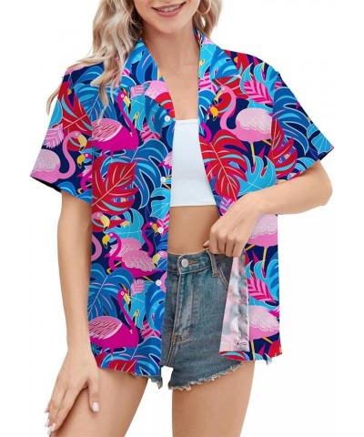 Girls & Womens Hawaiian Shirts Short Sleeve Summer Button Down Tropical Shirts, 2 Years - 2XL WOMEN Flamingo Blue $9.54 Blouses