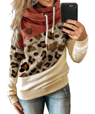 Women's Casual Long Sleeve Color Block Funnel Double Hooded Neck Leopard Camo Printed Pullover Hoodies Sweatshirts D-orange $...