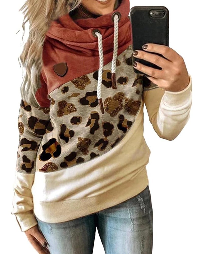 Women's Casual Long Sleeve Color Block Funnel Double Hooded Neck Leopard Camo Printed Pullover Hoodies Sweatshirts D-orange $...