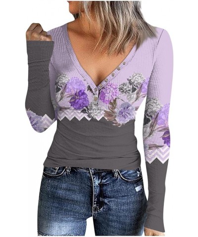 Long Sleeve Tops for Women Sexy Button Down Deep V-Neck T Shirts Floral Print Fitted Shirts Tight Tee 02-light Purple $9.32 T...