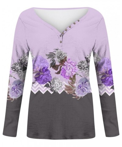 Long Sleeve Tops for Women Sexy Button Down Deep V-Neck T Shirts Floral Print Fitted Shirts Tight Tee 02-light Purple $9.32 T...