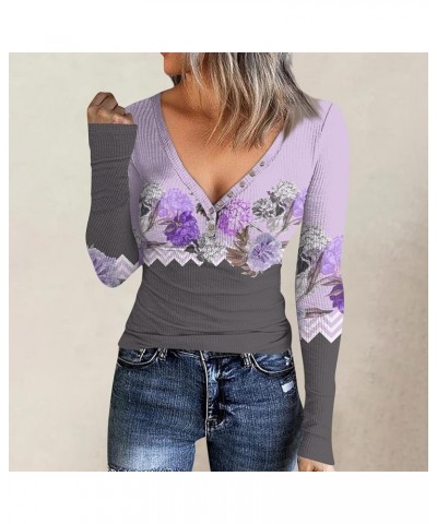 Long Sleeve Tops for Women Sexy Button Down Deep V-Neck T Shirts Floral Print Fitted Shirts Tight Tee 02-light Purple $9.32 T...