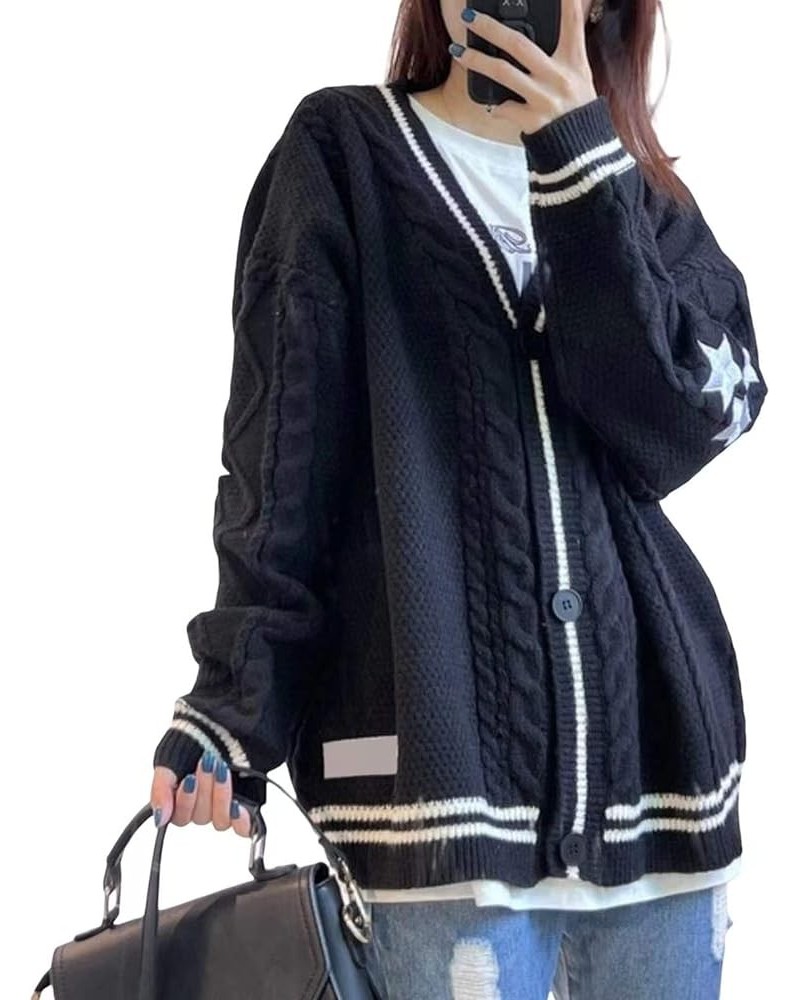 Women's Cardigan Star Embroidery Knit Open Front Cardigan V Neck Long Sleeve Oversized Button Sweater Coat Outwear Black $14....