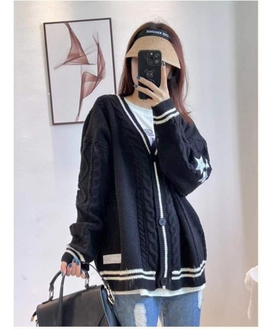 Women's Cardigan Star Embroidery Knit Open Front Cardigan V Neck Long Sleeve Oversized Button Sweater Coat Outwear Black $14....