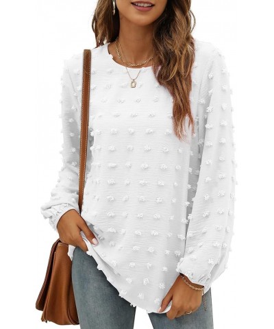 Women's Swiss Dot Chiffon Blouses, Pom Pom Long Sleeve Crewneck Tops Casual Loose Shirts White $11.33 Blouses