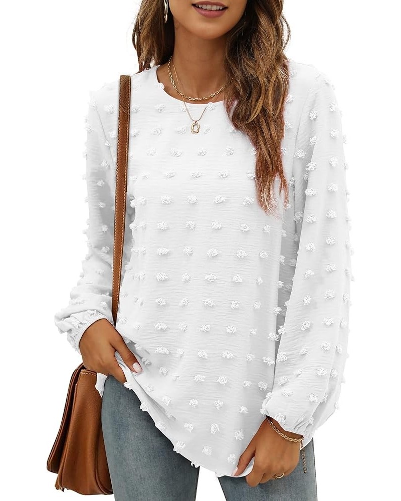 Women's Swiss Dot Chiffon Blouses, Pom Pom Long Sleeve Crewneck Tops Casual Loose Shirts White $11.33 Blouses