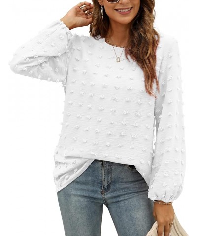 Women's Swiss Dot Chiffon Blouses, Pom Pom Long Sleeve Crewneck Tops Casual Loose Shirts White $11.33 Blouses