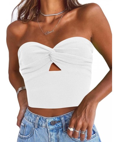 Womens Tube Tops Going Out Cut Out Twist Knot Front Bandeau Ribbed Knit Y2K Strapless Tank Bustier Corset Tops White $9.40 Tanks