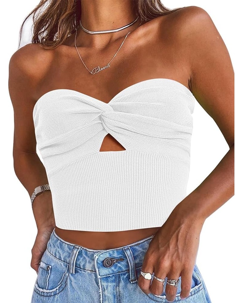 Womens Tube Tops Going Out Cut Out Twist Knot Front Bandeau Ribbed Knit Y2K Strapless Tank Bustier Corset Tops White $9.40 Tanks