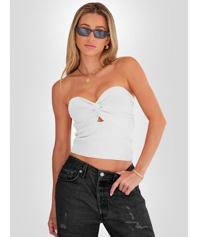 Womens Tube Tops Going Out Cut Out Twist Knot Front Bandeau Ribbed Knit Y2K Strapless Tank Bustier Corset Tops White $9.40 Tanks