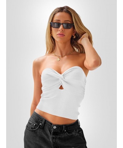 Womens Tube Tops Going Out Cut Out Twist Knot Front Bandeau Ribbed Knit Y2K Strapless Tank Bustier Corset Tops White $9.40 Tanks