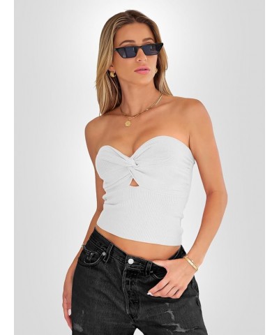 Womens Tube Tops Going Out Cut Out Twist Knot Front Bandeau Ribbed Knit Y2K Strapless Tank Bustier Corset Tops White $9.40 Tanks