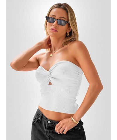 Womens Tube Tops Going Out Cut Out Twist Knot Front Bandeau Ribbed Knit Y2K Strapless Tank Bustier Corset Tops White $9.40 Tanks