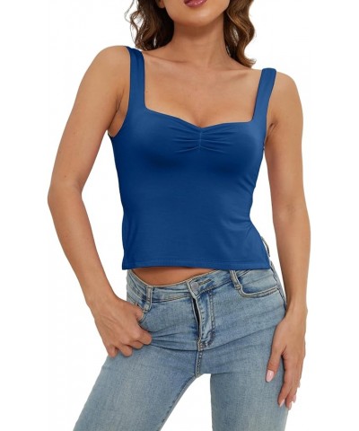 Women Ruched Square Neck Sleeveless Split Side Crop Tank Sexy Sweetheart Neck Strappy Backless Crop Vest Cami Top Dark Blue $...