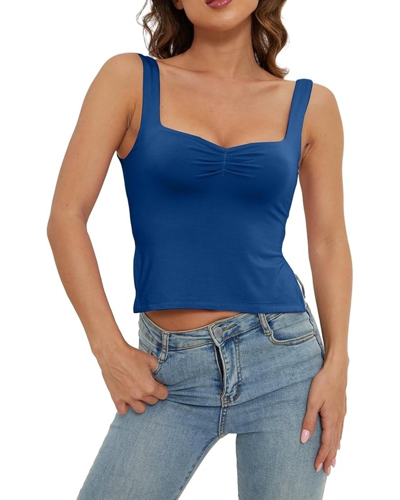 Women Ruched Square Neck Sleeveless Split Side Crop Tank Sexy Sweetheart Neck Strappy Backless Crop Vest Cami Top Dark Blue $...