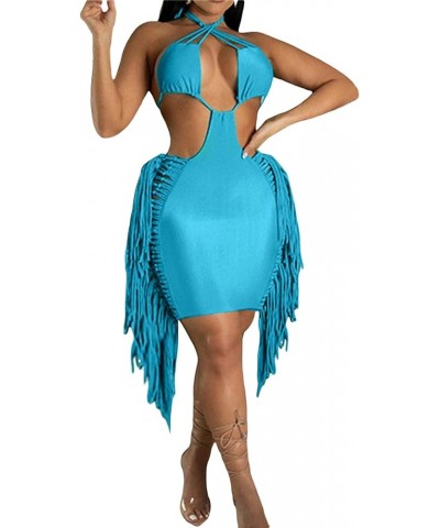 Women Bandage Dress Sexy Sleeveless Halter Neck Bodycon Mini Short Club Dresses Tassel Cut Out Sundress Clubwear Blue $16.49 ...