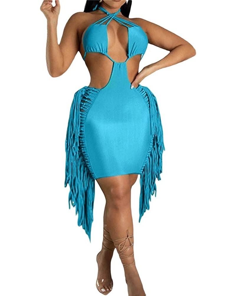 Women Bandage Dress Sexy Sleeveless Halter Neck Bodycon Mini Short Club Dresses Tassel Cut Out Sundress Clubwear Blue $16.49 ...