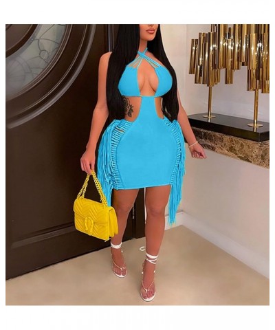 Women Bandage Dress Sexy Sleeveless Halter Neck Bodycon Mini Short Club Dresses Tassel Cut Out Sundress Clubwear Blue $16.49 ...