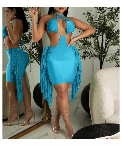 Women Bandage Dress Sexy Sleeveless Halter Neck Bodycon Mini Short Club Dresses Tassel Cut Out Sundress Clubwear Blue $16.49 ...