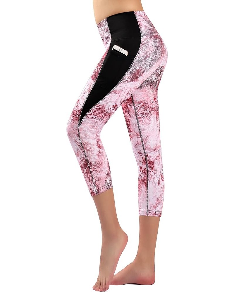 Women's Capri Workout Pants Yoga Capri Leggings with Side Pocket Red Print $11.04 Leggings