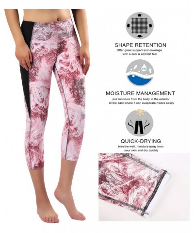 Women's Capri Workout Pants Yoga Capri Leggings with Side Pocket Red Print $11.04 Leggings