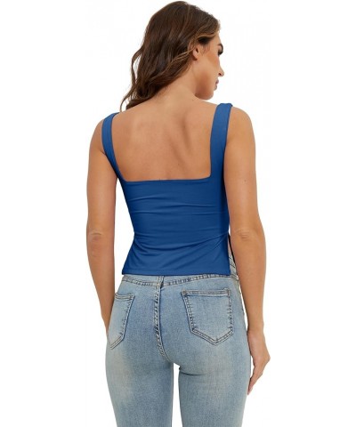 Women Ruched Square Neck Sleeveless Split Side Crop Tank Sexy Sweetheart Neck Strappy Backless Crop Vest Cami Top Dark Blue $...