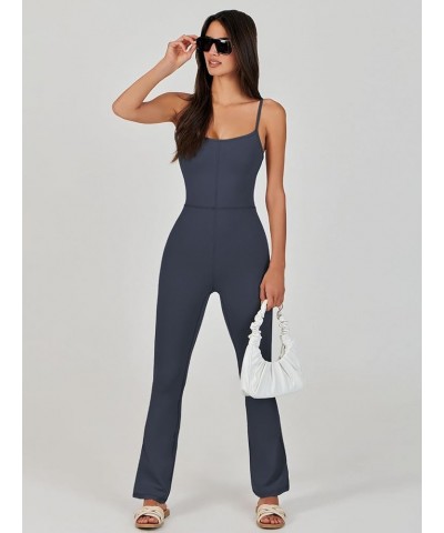 Flare Jumpsuits for Women One Piece Sleeveless Square Neck Full Body Bodycon Yoga Workout Casual Unitard Rompers Navy Blue $1...