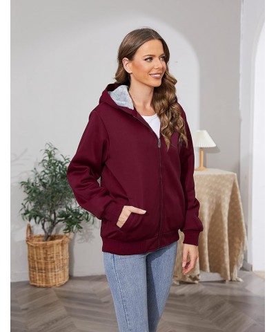 Women's Zip Up Thick Loose Hoodie Sherpa Fleece Sweatshirts Jackets Wine Red $25.79 Jackets