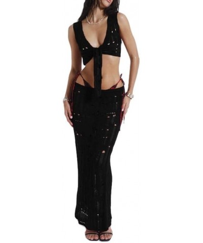 Women Y2K Ruffle 2 Piece Skirt Set Sleeveless Tube Crop Top Y2k Sexy Mesh See Through Cutout Maxi Skirt Clubwear V5- Black $9...