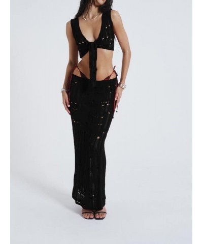 Women Y2K Ruffle 2 Piece Skirt Set Sleeveless Tube Crop Top Y2k Sexy Mesh See Through Cutout Maxi Skirt Clubwear V5- Black $9...