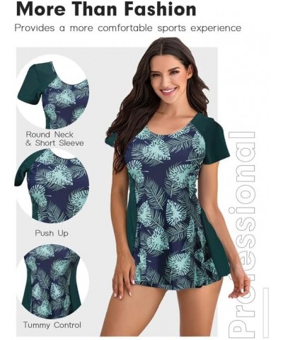 Womens One Piece Swimsuits Short Sleeve Tummy Control Swimdress Vintage Skirt Bathing Suits Swimwear Green Leaf $25.79 Swimsuits