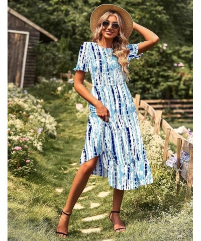 Women's 2023 Summer Causal Short Sleeve Smocked Dress Elastic Waist Tiered Midi Dress with Pockets E10 Floral 343 $15.78 Dresses