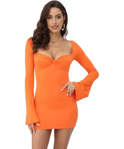 Women's Long Sleeve Ruched Bodycon Dresses Bell Sleeve Sexy Square Neck LowCut Cocktail Club Party Mini Short Dress Orange $1...